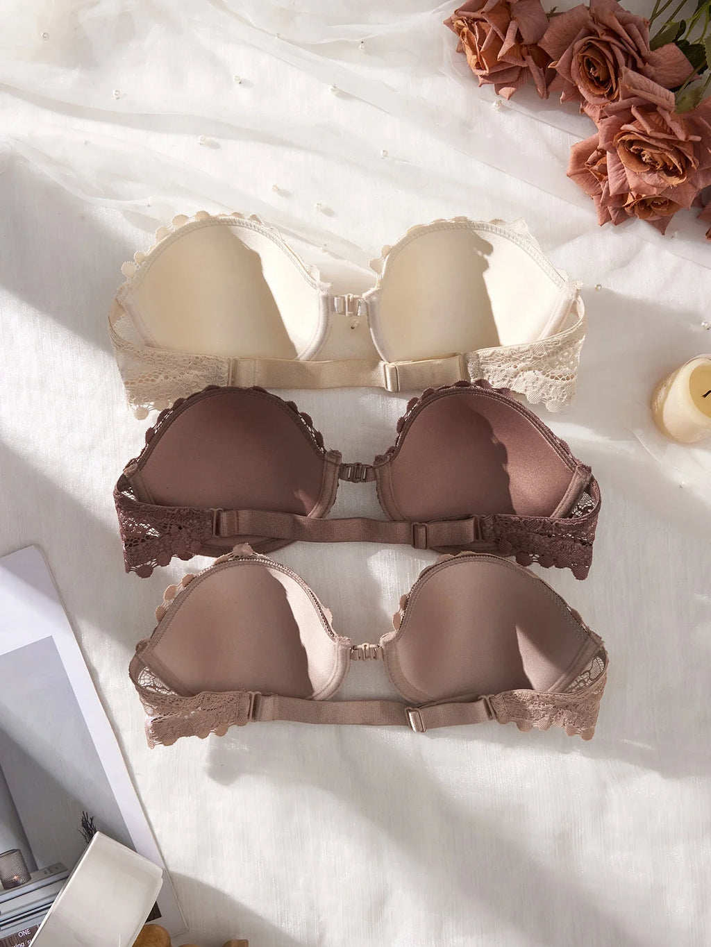 3Pcs Lace Women Strapless Bra Stylish Front Buckle Push up Bra Invisible Off-Shoulder Underwire Bras Women