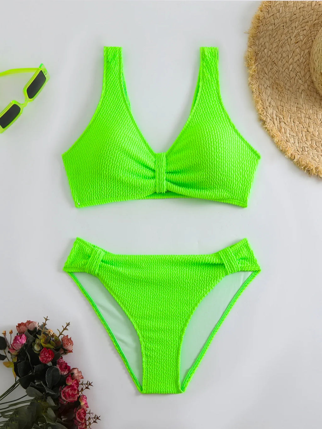 2026 New Sexy Bikini Two-Piece Swimsuit Pure Color High Elasticity Monochromatic Swimwear Comfortable Fit Women's Beachwear