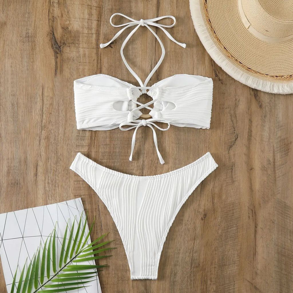 Sexy Bikini 2026 Women White Ring Linked Hollow Out Push Up Micro Swimsuit Brazilian Bandeau Bathing Suit Bandage Thong Swimwear