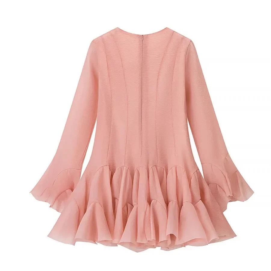 Women's Fashion Ruffled Hem Patchwork Short Dress Blush Pink Ruffled Mini Dress For Women Sleeves Front Button Hem Fashion T0PU
