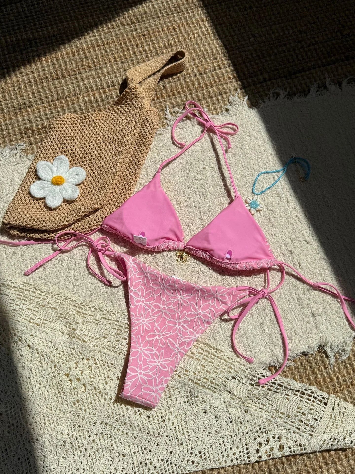 Sexy Pink Mesh Flower Bikini Set Women Halter Push Up Bra Bandage Triangle Swimsuit 2025 Summer Bathing Suit Vacation Swimwear