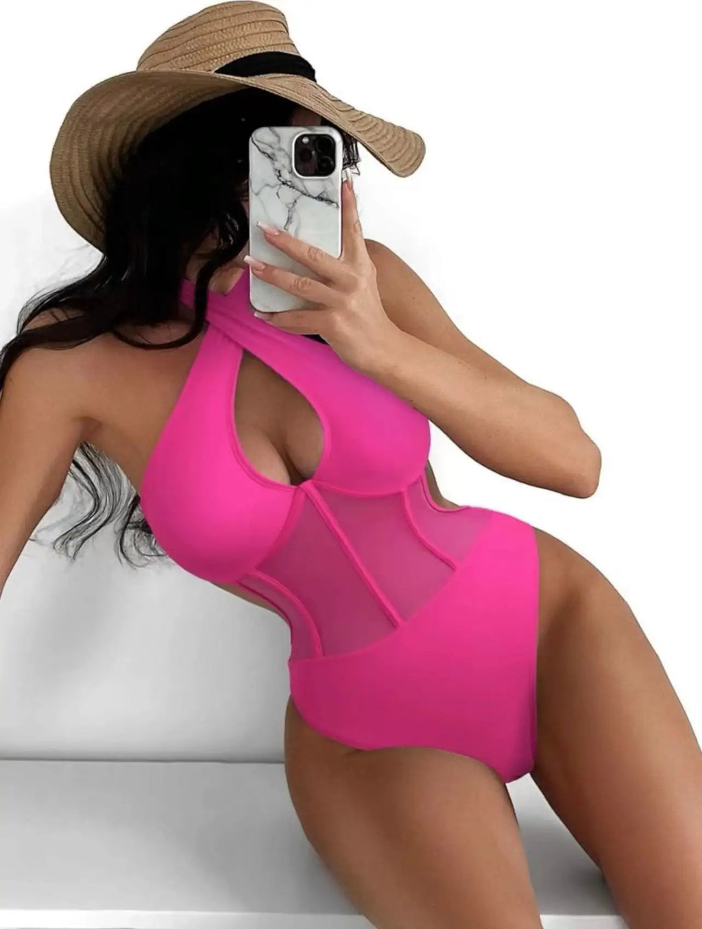 Sexy See Through One Piece Swimsuit 2025 Women Halter Corss Underwire Tummy Control Swimwear Solid Black Hot Pink Bathing Suits