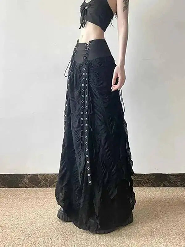 Y2K Lace Mesh Long Skirt Women Harajuku Vintage Patchwork Bandage Black Skirts Gothic Aesthetic High Waist Chic Long Skirts ODU6