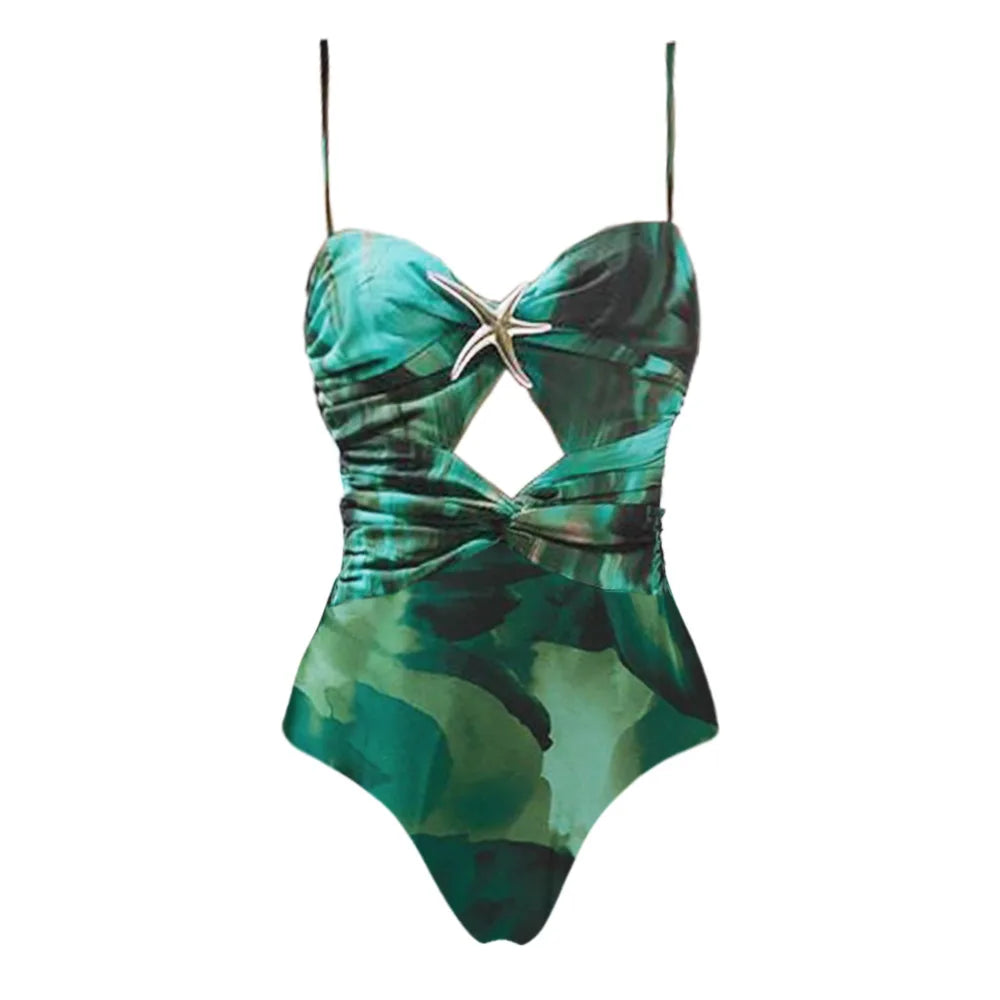 Cut Out Swimsuit And Cover Up Sexy Swimwear Women Floral Stars Swim Suit Push Up Bikini Bathingsuit Sliming Bodysuit Beachwear