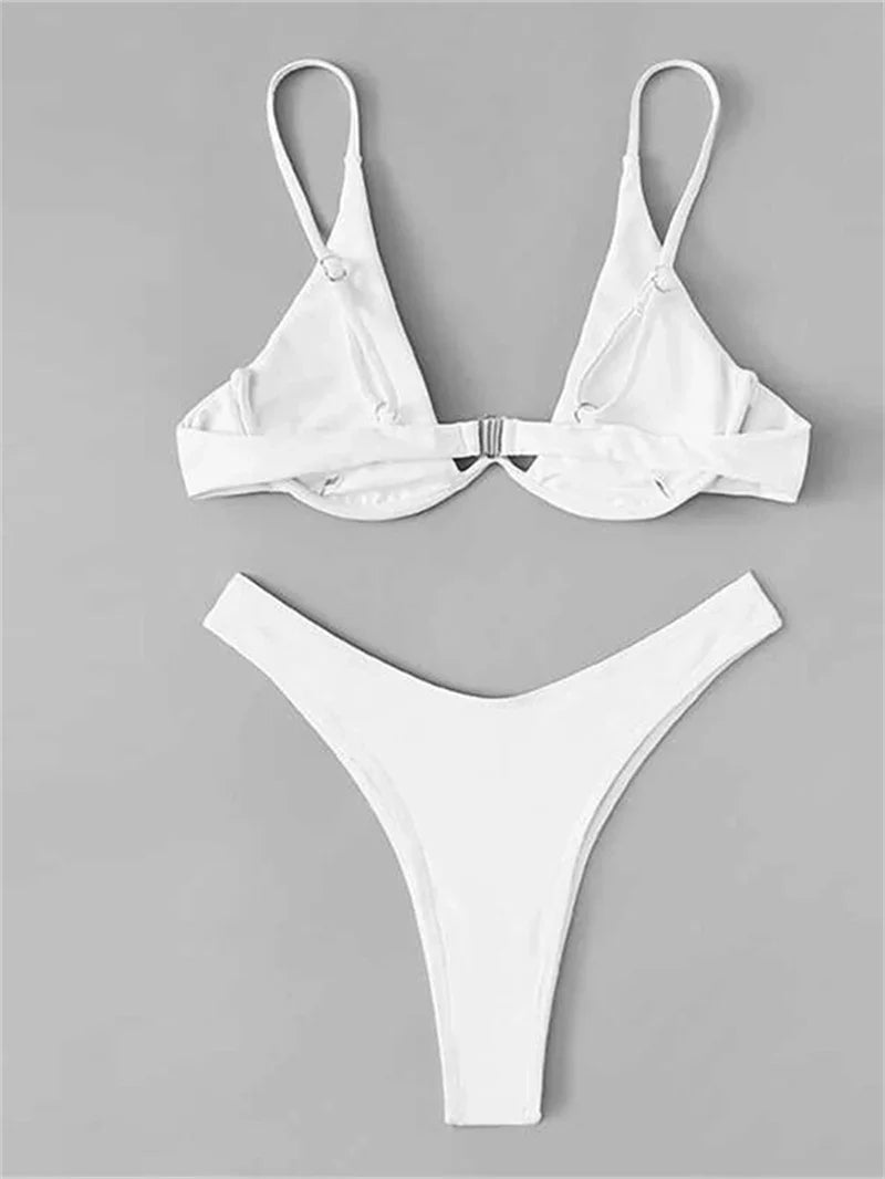 Sexy Underwire Bikini 2026 Mujer Women Solid Red Push Up Bra Thong Swimsuit Haler V Neck Bathing Suit Mini Micro Thong Swimwear