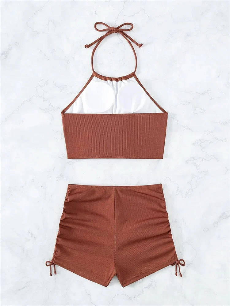 Sexy Ring Linked Pleate Bikini Set Women Brown Cut Out Push Up Two Piece Swimsuit 2024 Bathing Suit High Waist Panties Swimwear