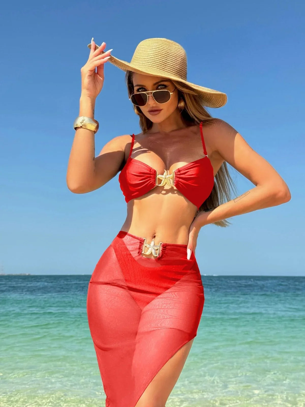 Sexy White Black Skirt 3 Piece Bikini Set 2025 Women Starfish Ornament Push Up High Waist Swimsuit Beach Bathing Suit Swimwear