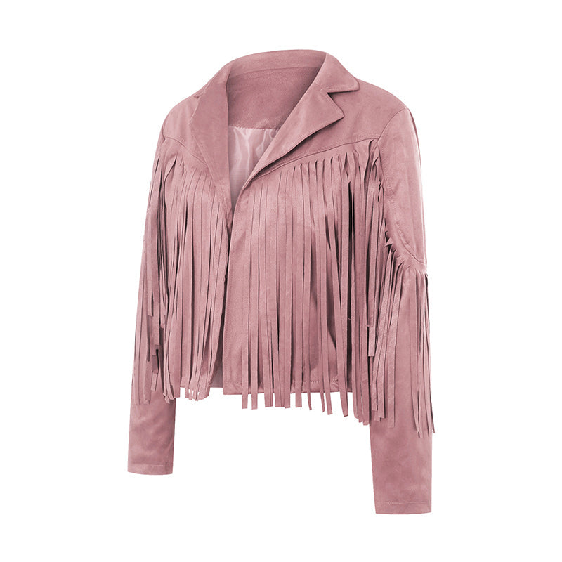 Women Spring Autumn Slim Long Sleeve Open Front Coat Solid Color Collared Jacket with Tassels Black/ Coffee/ Pink