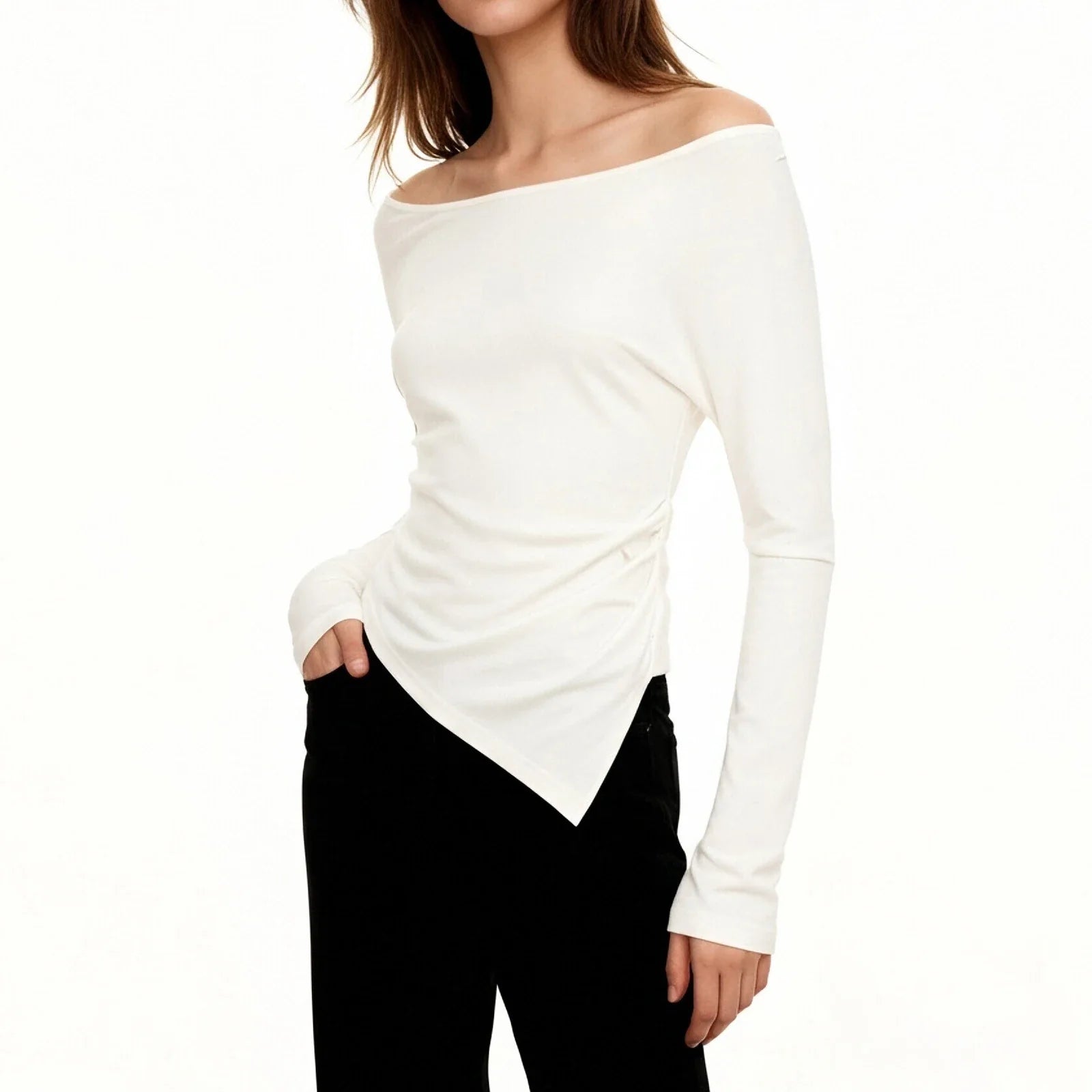 Women Irregular Crop Top Yoga  Exercise Sports Gym Fashion Crop Top Casual T-Shirt Long Sleeve Boat Neck Solid Slim Sports Top