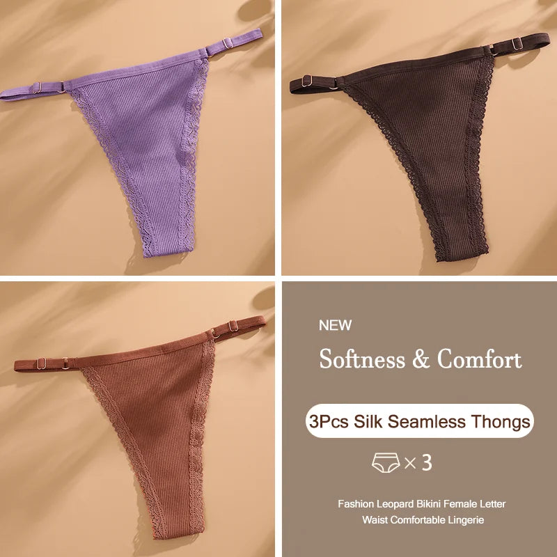3Pcs G-String Cotton Sexy Women Thongs Adjustable Belt Seamless Panties Breathable Low Waist Lingerie Female Soft Solid Color