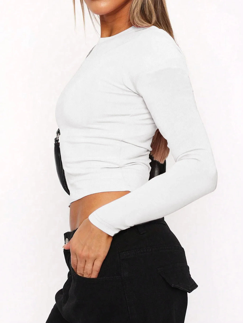 Women's Casual Solid Color Basic Slim Fit Long Sleeve T-Shirt Comfort O-Neck Crop Top Spring/Fall Streetwear