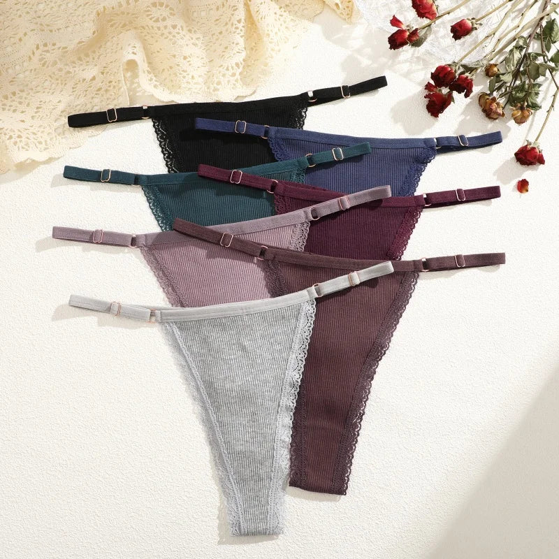 4Pcs Cotton Lace Panties Sexy G-String Women's Underwear Low Waist Comfortable Lingerie Briefs Adjustable Waist Thong Intimates