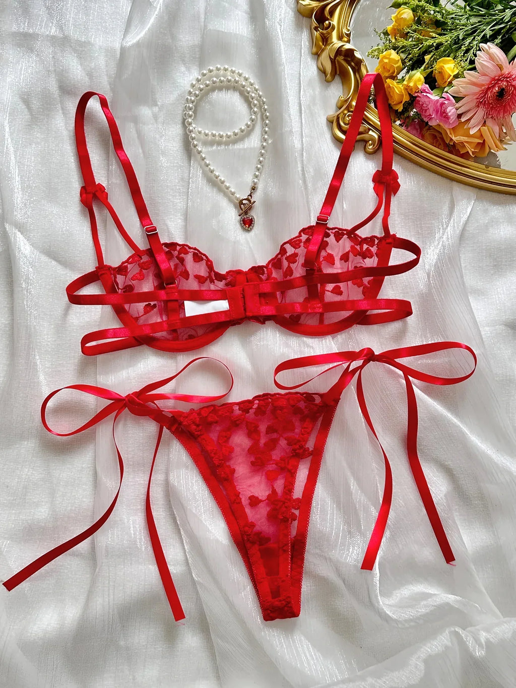 French Lace Heart Bra Set Girls Sexy Women Bralette Adjustable Transparent Embroidery Underwear Thong Bras Lingerie Panties Sets