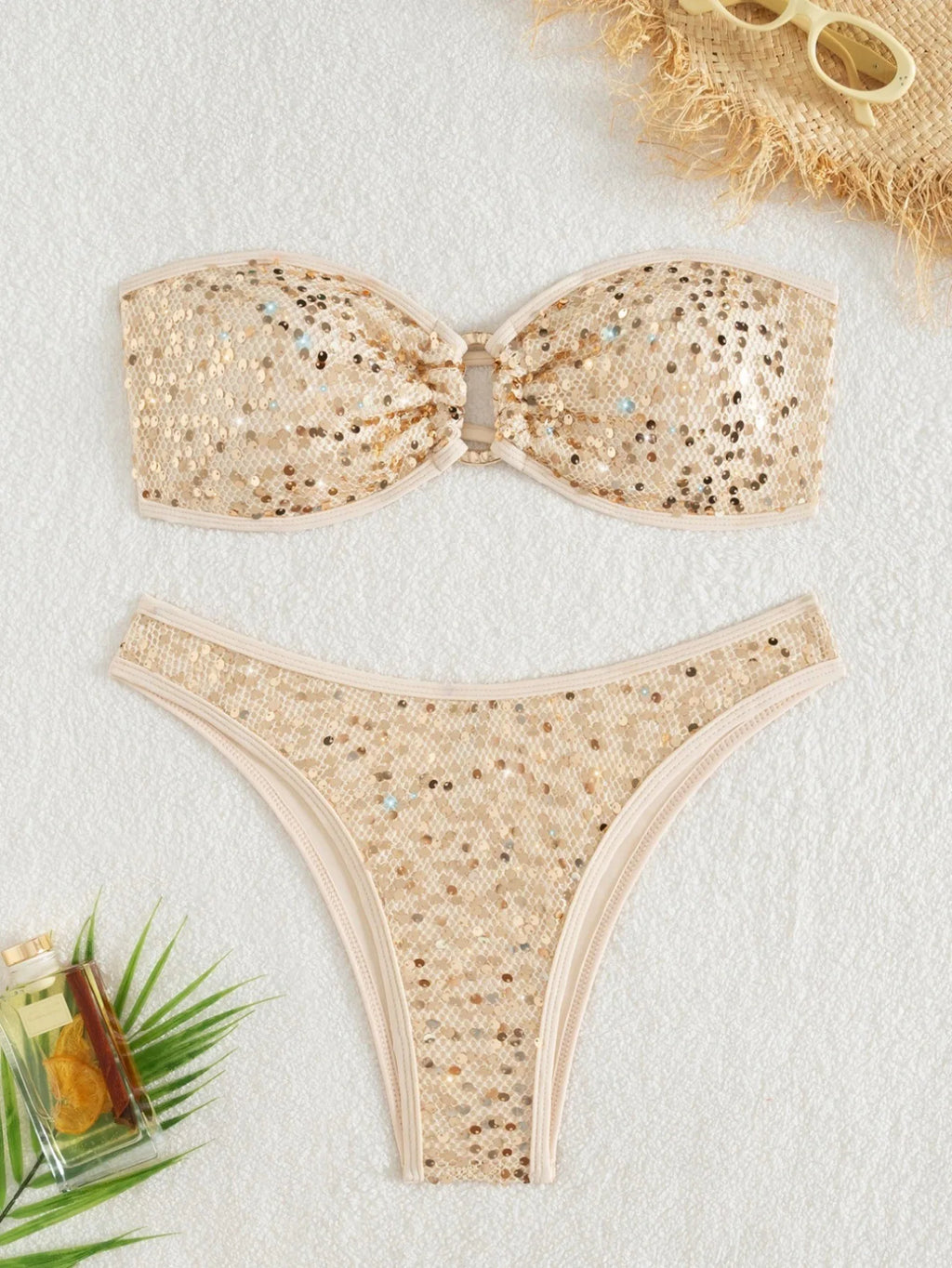 Sexy Bandeau Bikini 2026 Women Shiny Sequin Front Ring Push Up Micro Swimsuit Summer Pink Bathing Suit Thong Swimwear Biquini
