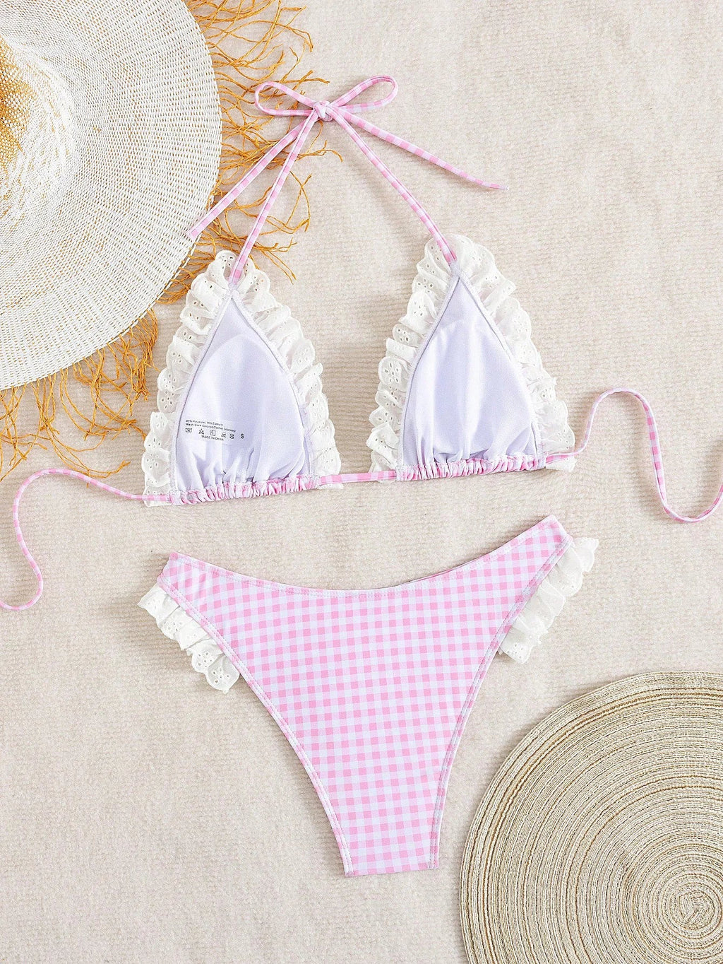 Cute Pink Plaid Print Micro Bikini 2026 Women Ruffles Lace Patchwork Push Up High Waist Swimsuit Bathing Suit Holiday Swimwear