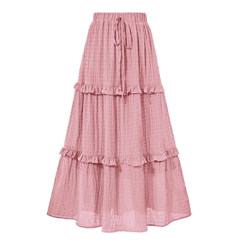 Elegant Women Long Tiered Skirt Summer Autumn Casual Ruffled Shirred Frill Trim Elastic Waist Drawstring A-Line Skirt Streetwear