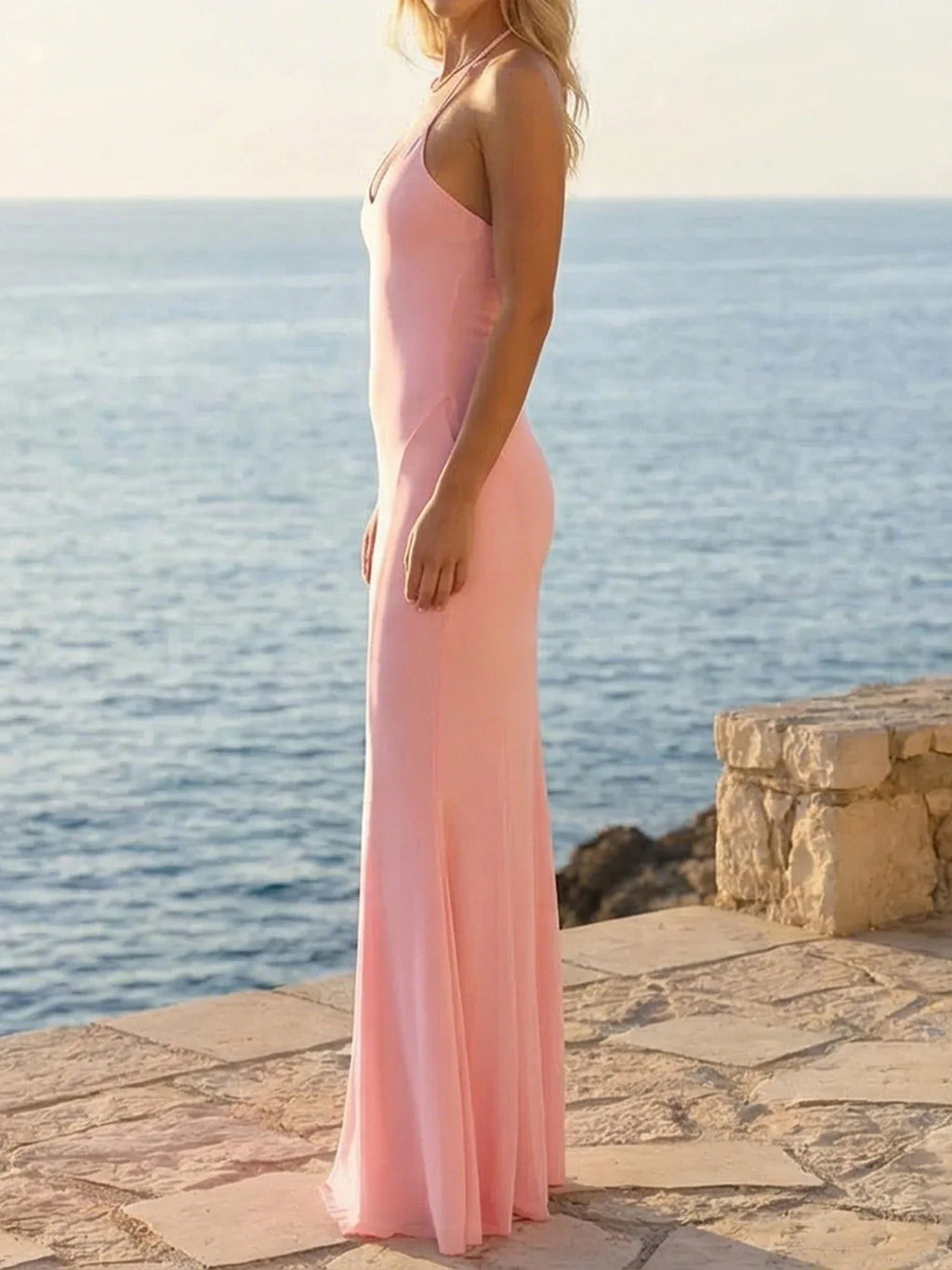 Women Halter Floor Length Vacation Dress Gown Party Slim Fit Fish Tail Maxi Dress Solid Sleeveless Bodycon Evening Dresses