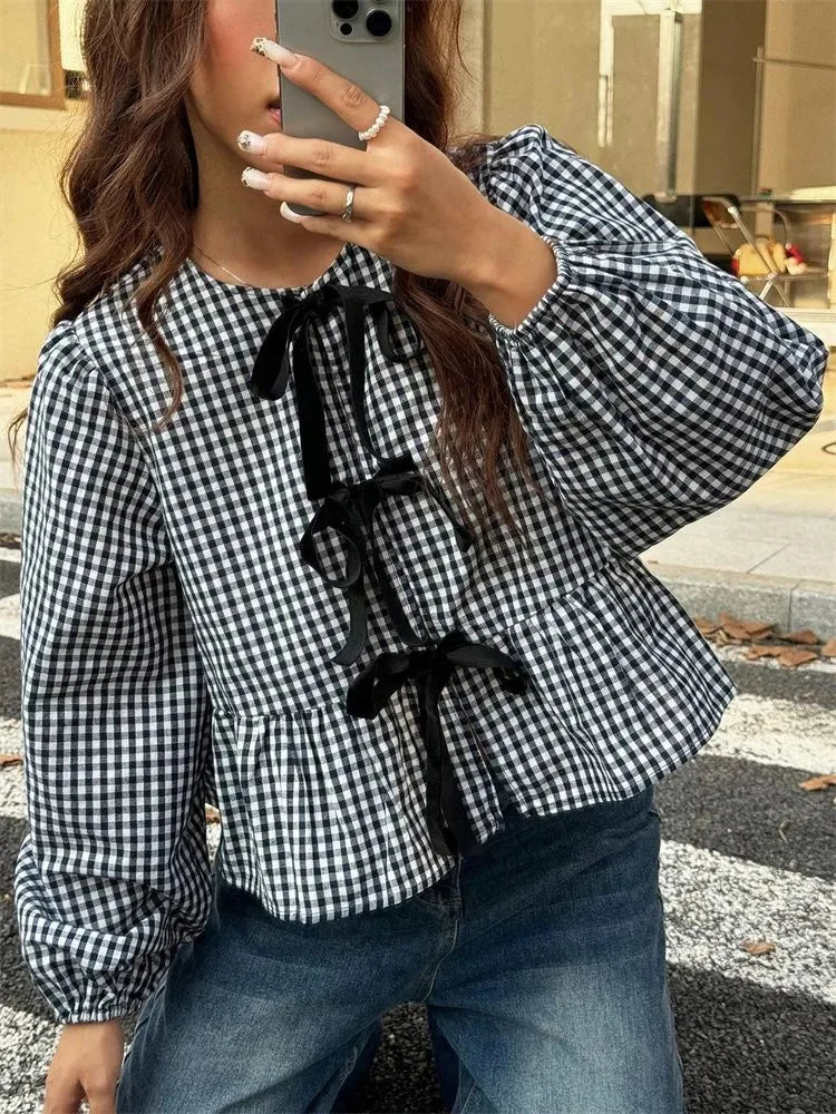 Plaid Lantern Long Sleeve Blouse for Women Spring Autumn Y2K Clothes Sweet Style Loose Knot Front Round Neck Top Streetweawr
