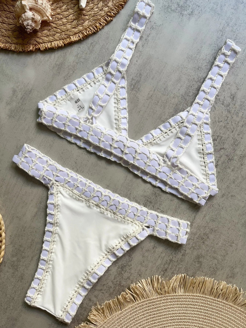 Sexy Black Patchwork Hand Crochet Bikini Set Women 2026 V Neck Push Up Bra Thong Swimsuit Beach Bathing Suit Knitted Swimwear