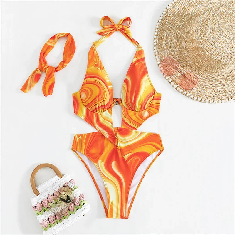 Orange Tie Dye Gradient One Piece Swimsuit 2025 Women Hollow Out Underwire Backless Monokini Beach Bathing Suit Band Swimwear