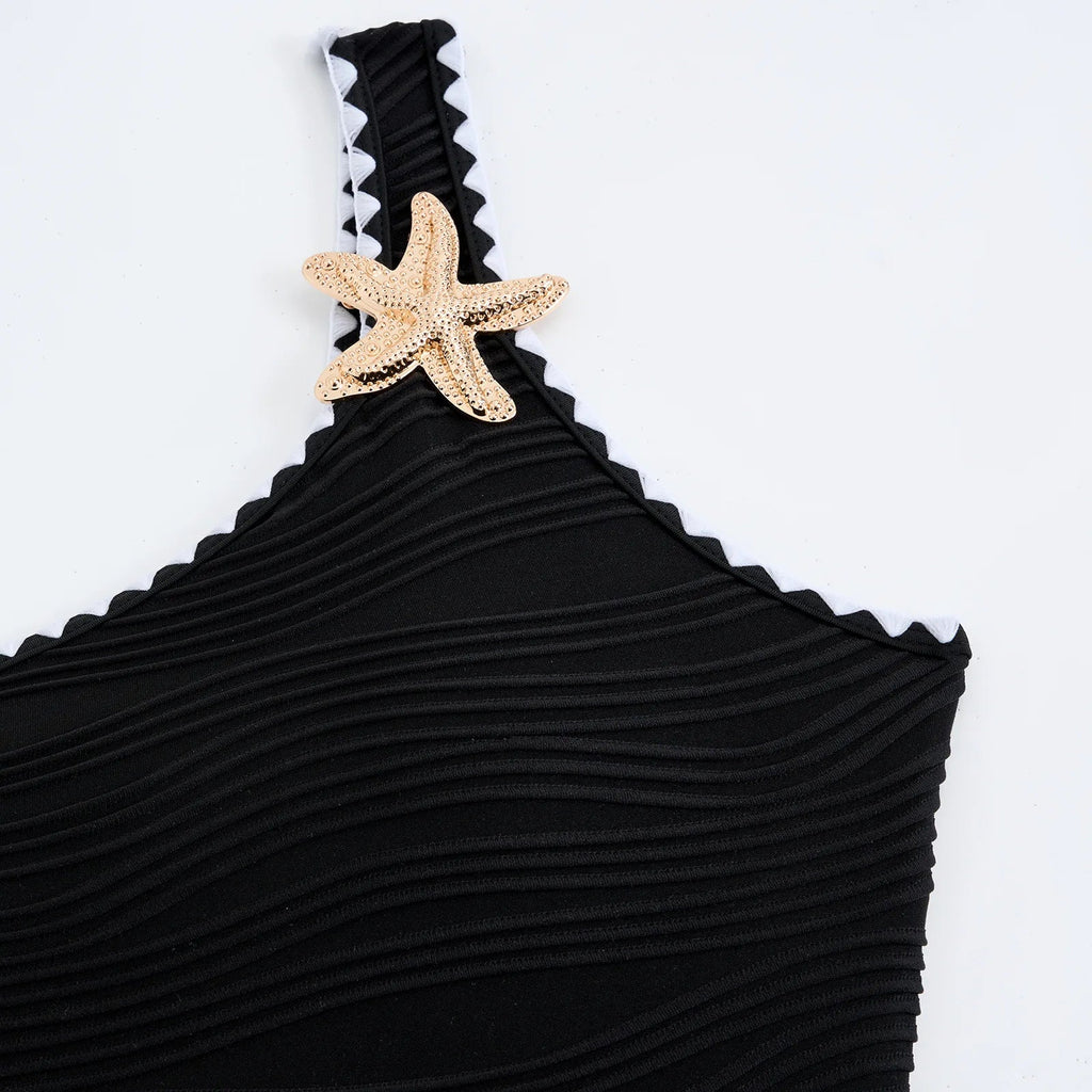 Women's One Piece Swimsuti Sexy Black Metal Starfish Ornament Tummy Control Swimwear 2025 Summer Bathing Suit Holiday Monokini