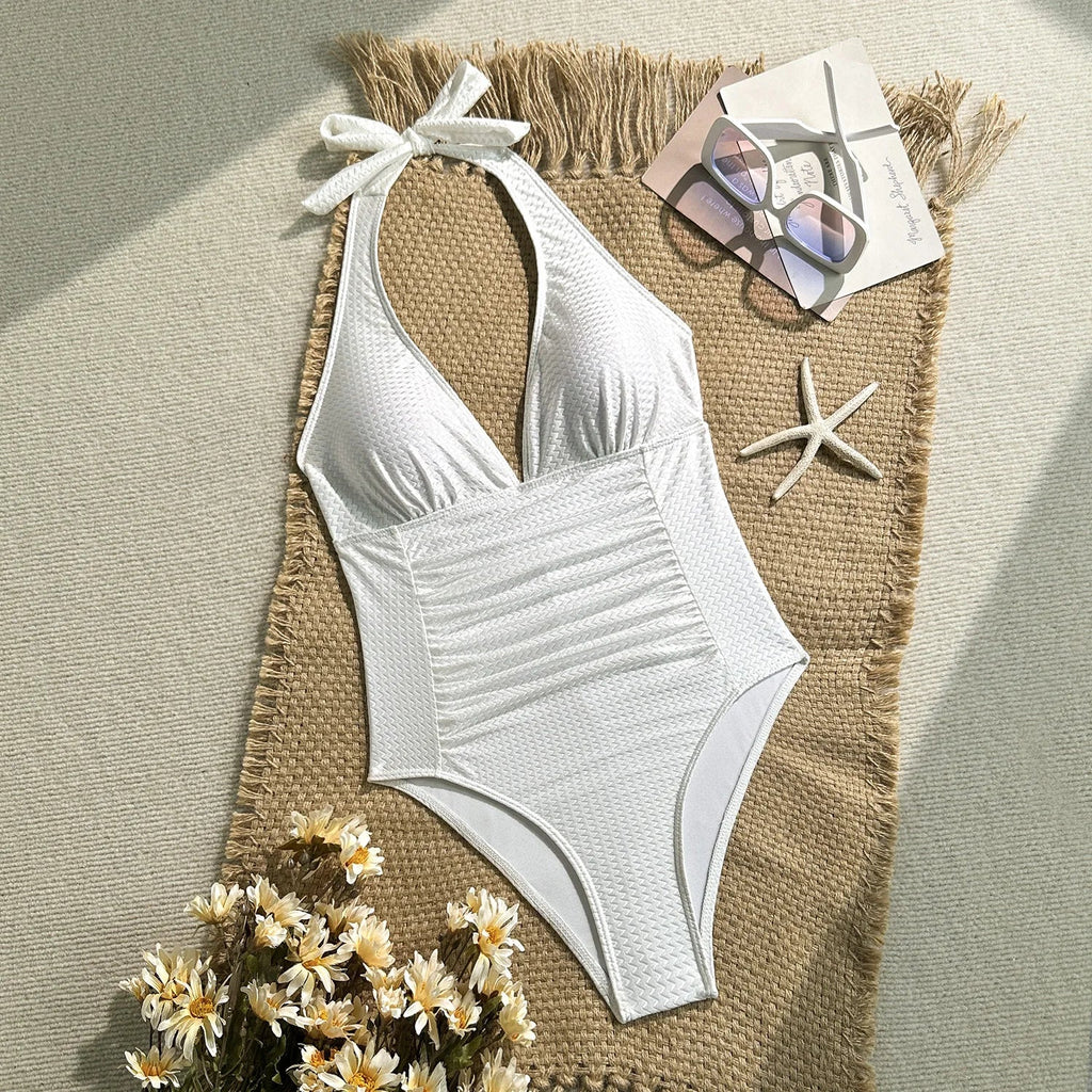 New Deep V Neck One Piece Swimsuit 2026 Women Orange White Pleate Tummy Control Swimwear Beach Holiday Bathing Suit Monokini