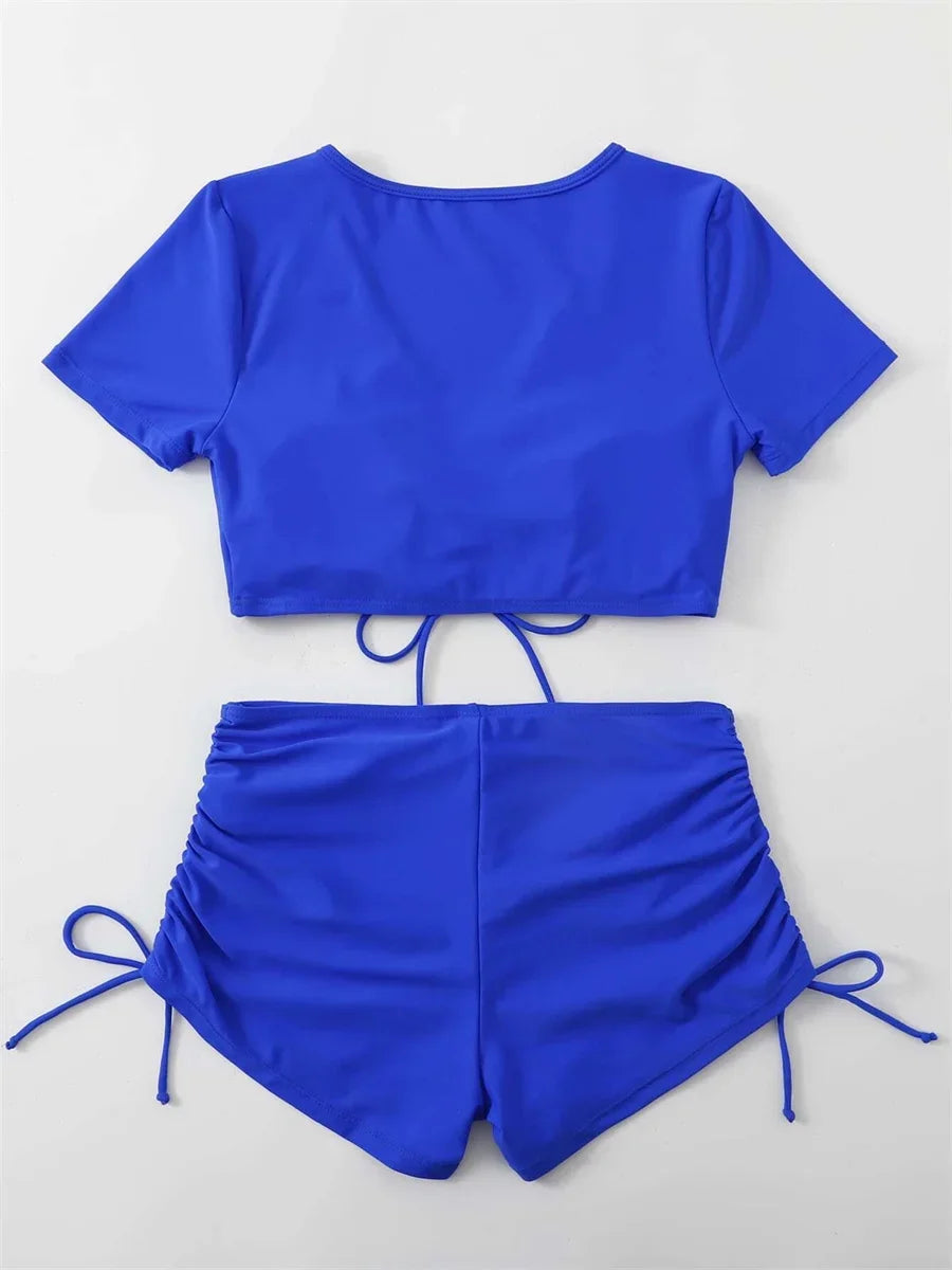 Sexy Drawstring Bikini Set 2026 Women Green Black Short Sleeve Two Piece Swimsuit Summer Bathing Suit Pleate High Waist Swimwear