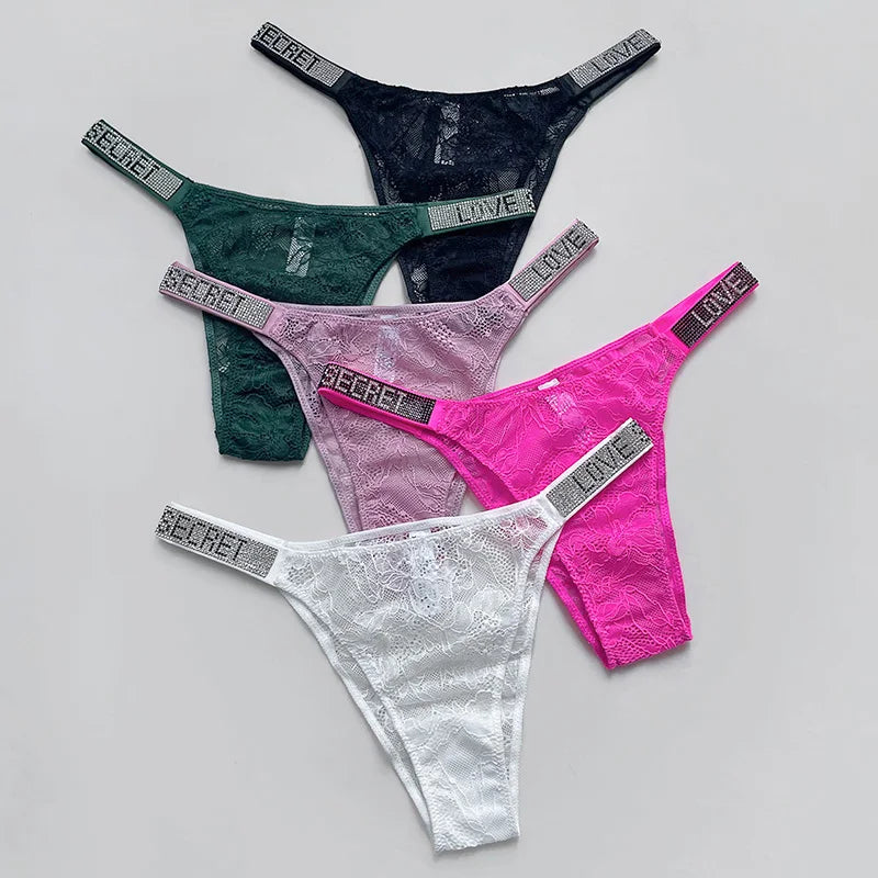 Rhinestone Lace Letter Sexy G String Women Panties Seamless Girls Underwear Transparent Thong For Female Low Rise Ladies Briefs