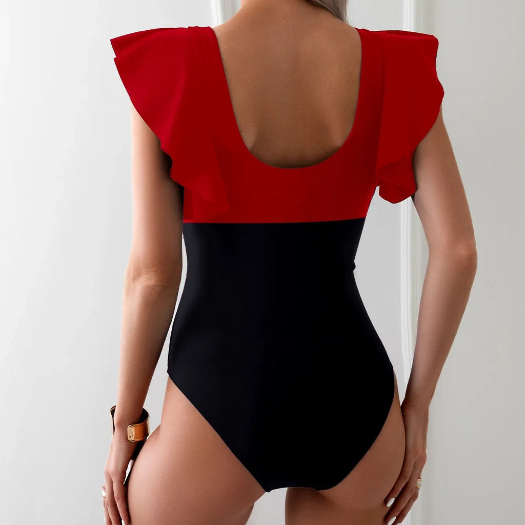 2026 Solid Women's Swimsuit Trend Tummy Control V Neck Sexy Black Bikini Ruched Bathing Suits Slim Fit Ruffle Sleeve Swimwear
