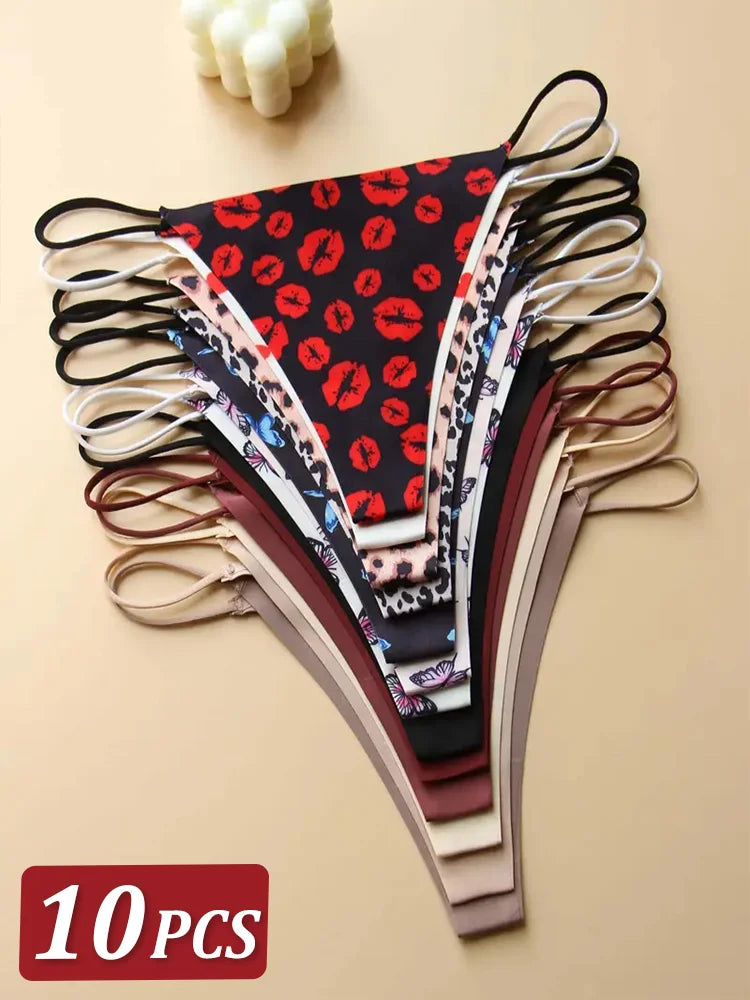 10Pcs/Set Seamless Thong Women Thin Strap Low Waist High Flexibility Panties Underwear Ladies Briefs T-back Comfortable Women