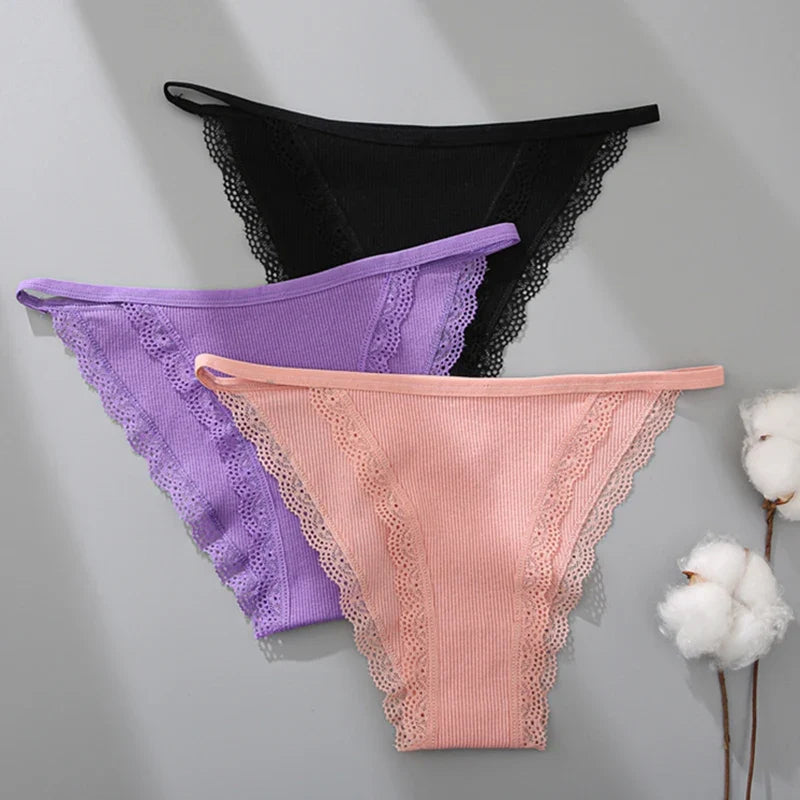 Women‘s Cotton Panties Low Waist Lace Briefs M-XL Comfortable Underwear Ladies Solid Color Underpants Girls Breathable Panty New