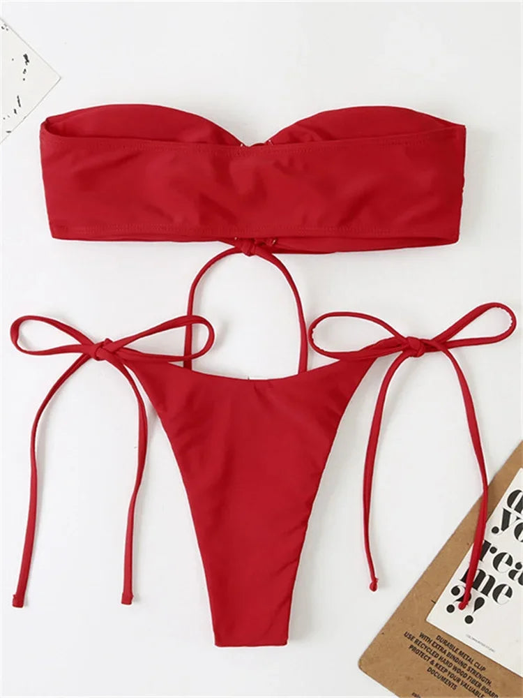 Sexy Bandeau Bikini Swimwear Women Red Black Pleate Lace Up Swimsuit 2024 Cut Out Beach Bathing Suit Tie Side Thong Bikinis Sets