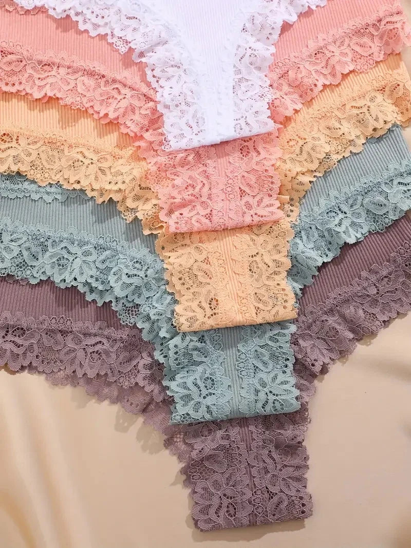 5Pcs Women Cotton Brazilian Pants Sexy Lace Brazilian Briefs Low Waist Floral Solid Color G-string Breathable Soft Lingerie