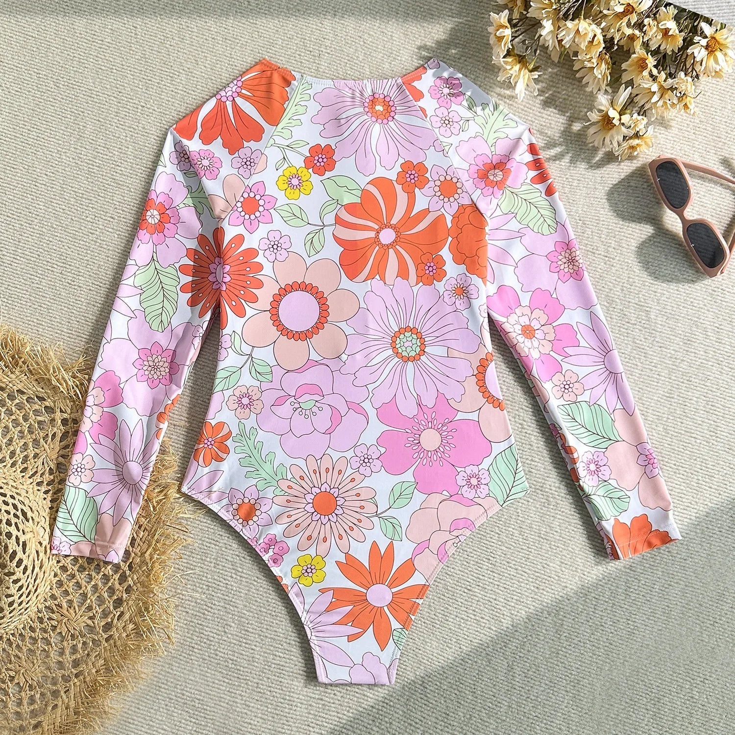 Vintage Pink Floral Print Swimwear Women 2026 Front Zipper Long Sleeve Sunscreen One Piece Swimsuit Bathing Suit Surf Monokini