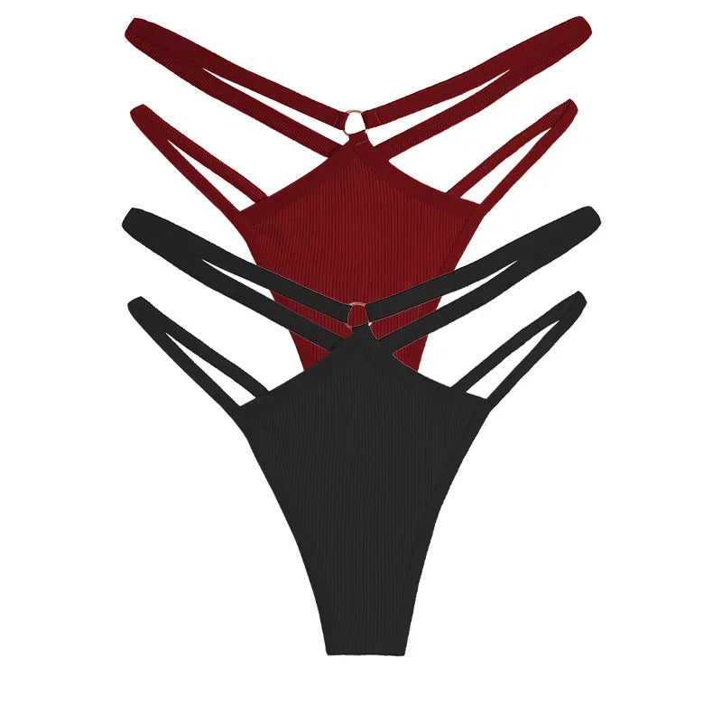 2PCS Women Sexy Cotton Panties Two Belts Hollow Out G-String Thongs Breathable Underwear for Female Solid Color Lingerie S-XL