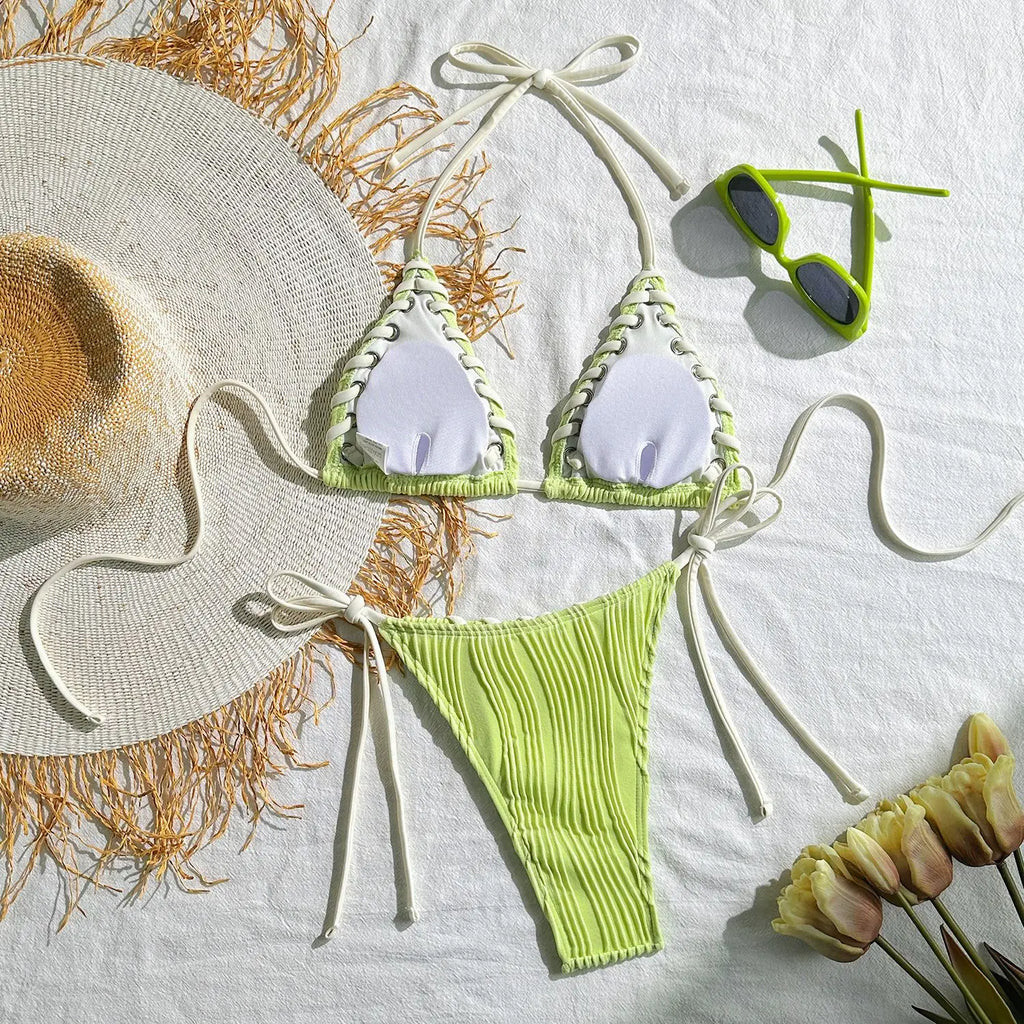 Sexy Micro Bikini 2025 Women Beige Brown Pink Weave Bandage Cross Crochet Swimsuit Brazilian Beach Bathing Suit Thong Swimwear
