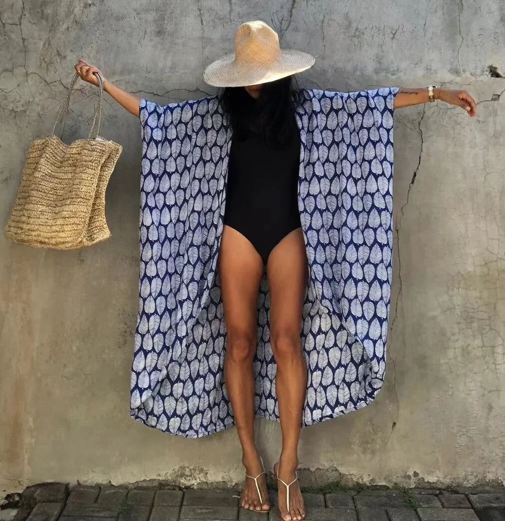 2024 New Summer Sexy Beach Kimono Swimwear Cotton Cover Up Swimsuit Women Print Bikini Cover Up Beachwear Dress Robe