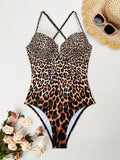 Sexy Brown Leopard Print One Piece Swimsuit 2025 Women Bandage Cross Backless Slim Tummy Control Swimwear Beach Bathing Suits