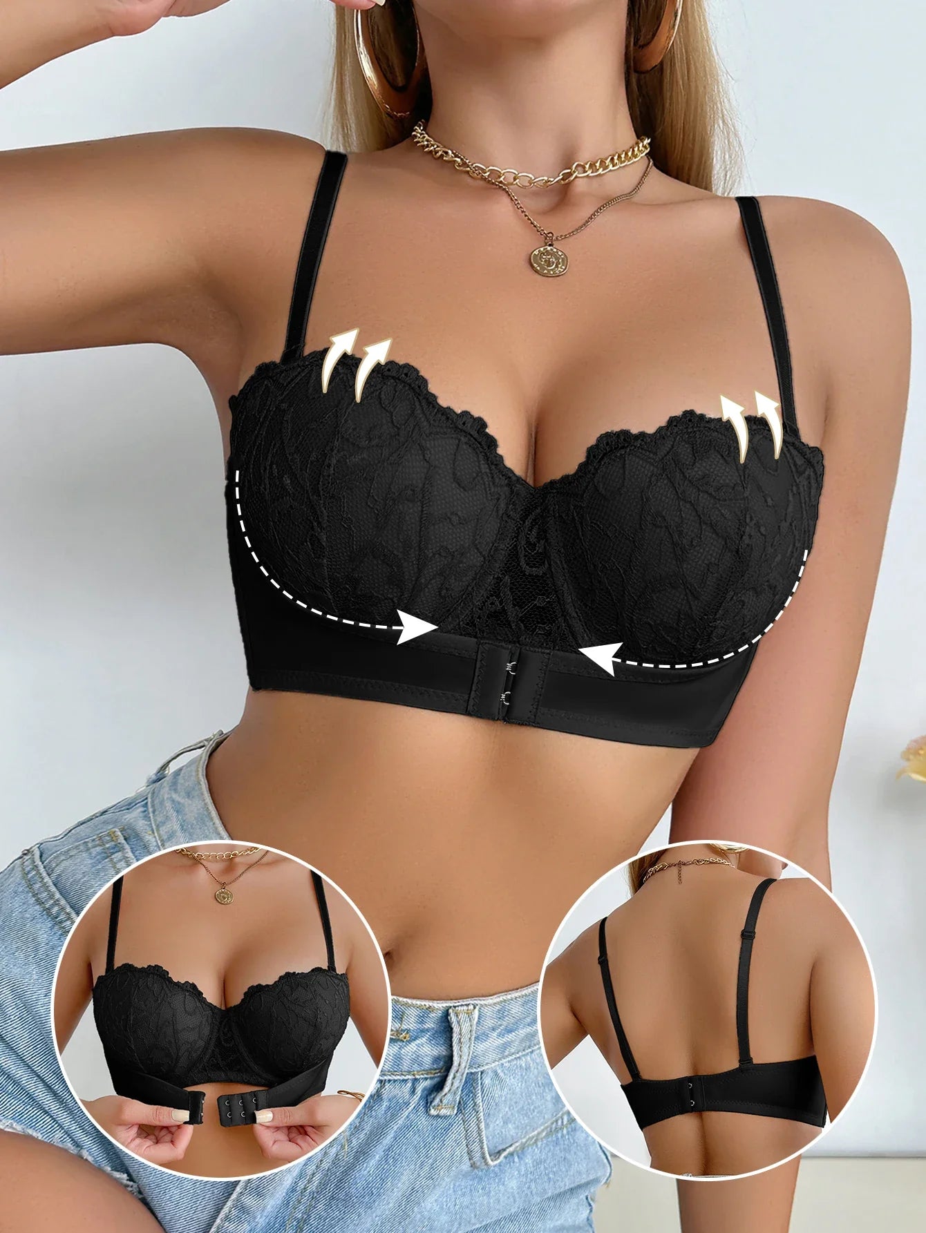 Women's Floral Lace Bra Front Closure Push up Bra Convertible Straps Underwire Support Women's Underwear Top