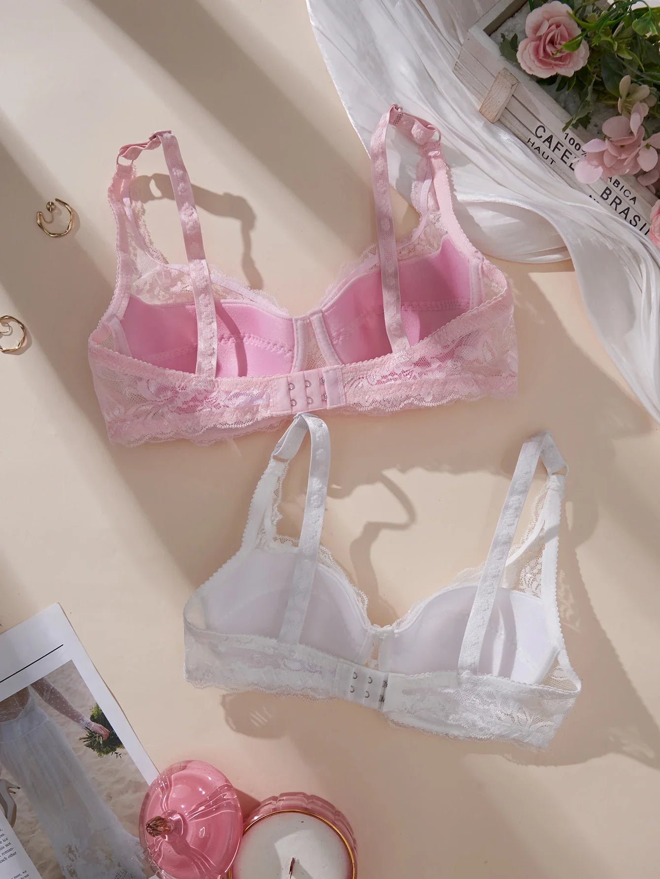 2Pcs Set Women's Sexy Bras Thin Lace Underwire Push-Up Soft Bra Adjustable Women's Underwear Set No Lining Breathable Comfortable