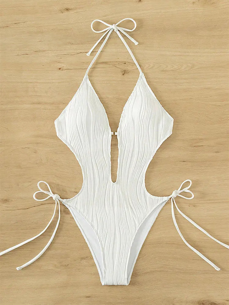 One Piece Swimsuit for Women 2024 Lace Patchwork Green Hollow Out Thong Swimwear Beach Bathing Suit Tie Side Backless Monokini