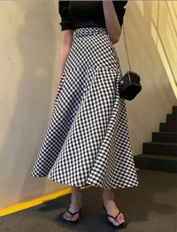 WOMENGAGA Korea Style 2023 Spring/Summer New High Waist Elegant Split Plaid Skirts Half Length Skirts Fashion Women 2023 22IV
