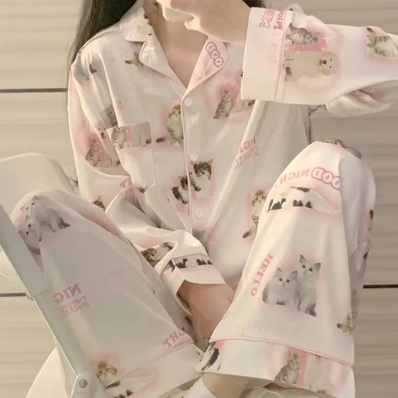 High Quality Ice Silk Light Luxury Pajamas Women's Pajama Spring and Autumn Style Long Sleeve Home Set Satin Nightwear Sleepwear