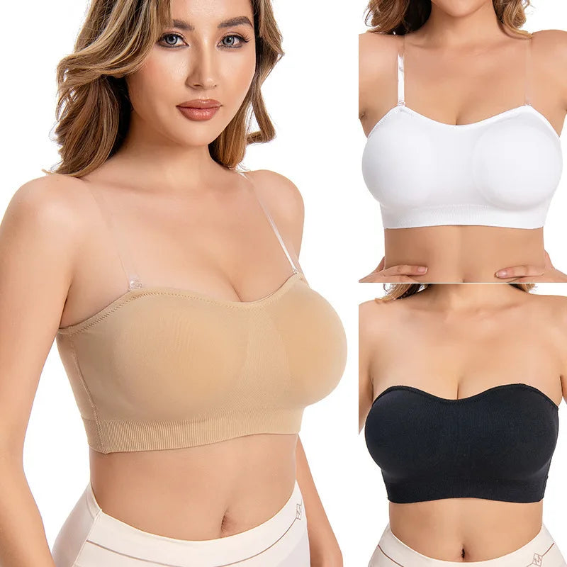 Women's Strapless and Wire-free Bandeau Bra with Full Cup Thin Mold Padding Non-slip Silicone Seamless Bra Plus Size Underwear