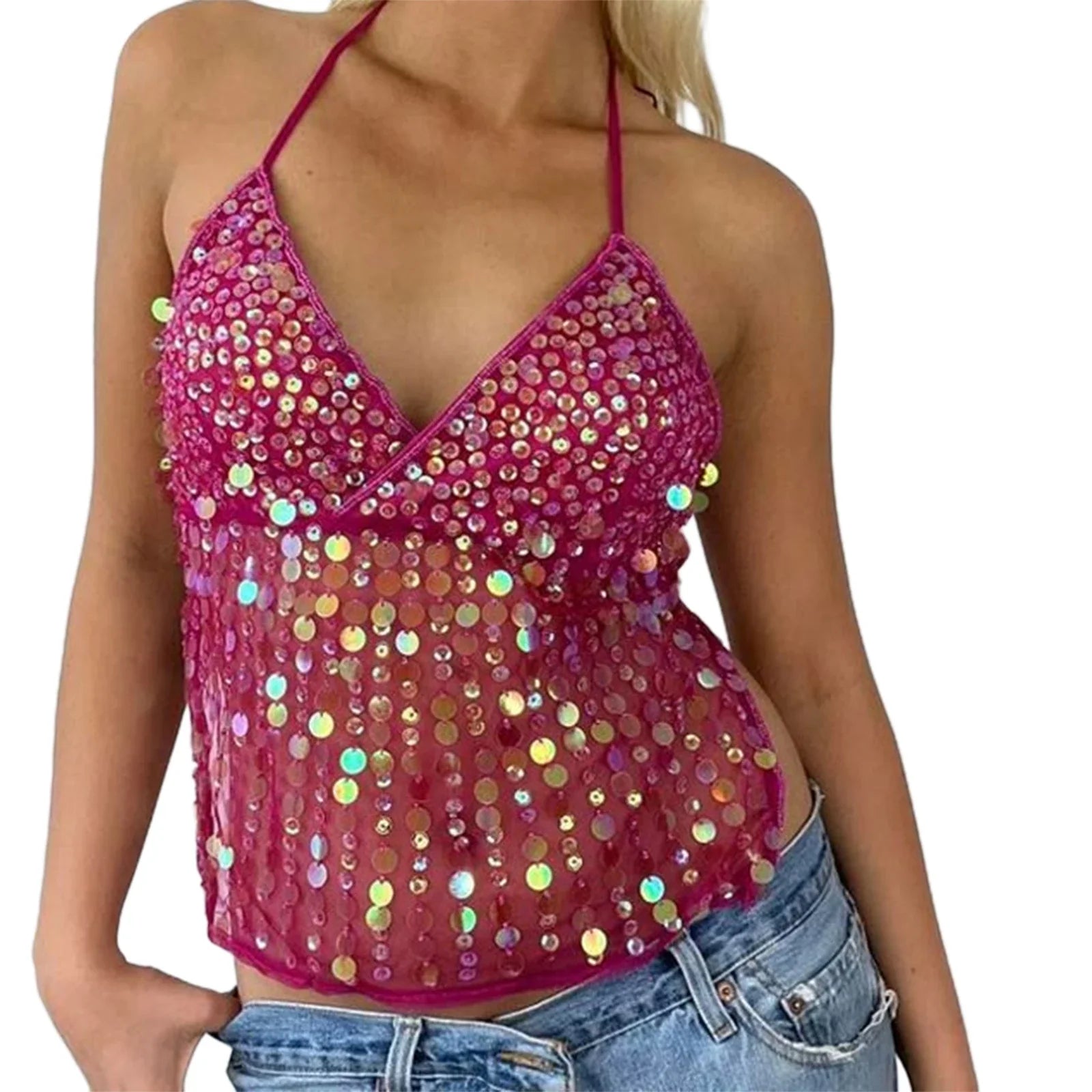 Women's Solid Color Halter Neck Crop Tops Summer Sleeveless V neck Open Back Slim Fit Tie Up Sequins Camis Tops