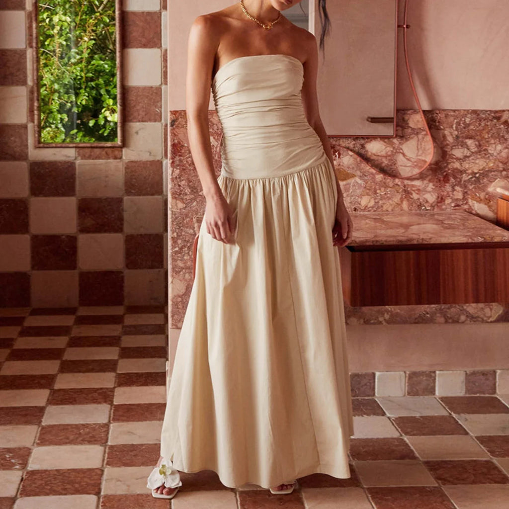Elegant Strapless Maxi Tube Dress Women Ruched Long Sundress Boat Neck Sleeveless Strapless Flowy Dresses Party Clubwear