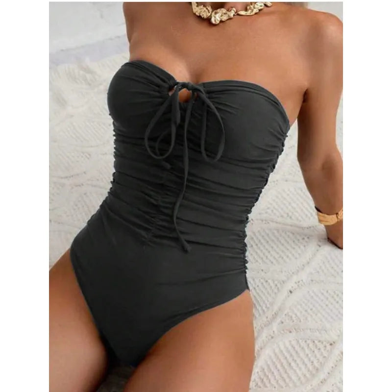 2025 Women's One Piece Swimsuit Strapless Bandeau Or Halter Bathing Suits Sexy Flattering Cover-Up Swimwear Female Beach Bikini