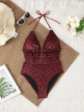 Vintage Wine Leopard Print Swimwear Women 2026 Deep V Neck Back Cross Tummy Control One Piece Swimsuit Holiday Bathing Suit