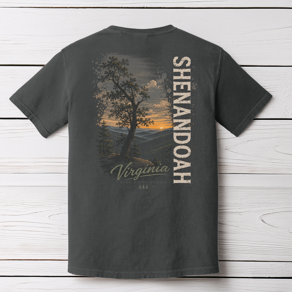 Shenandoah Virginia Sunset Comfort Colors Pepper T-Shirt | Blue Ridge Rooted