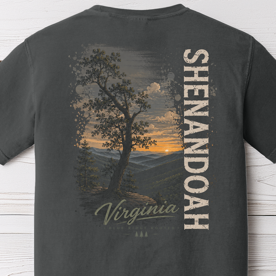 Shenandoah Virginia Sunset Comfort Colors Pepper T-Shirt | Blue Ridge Rooted